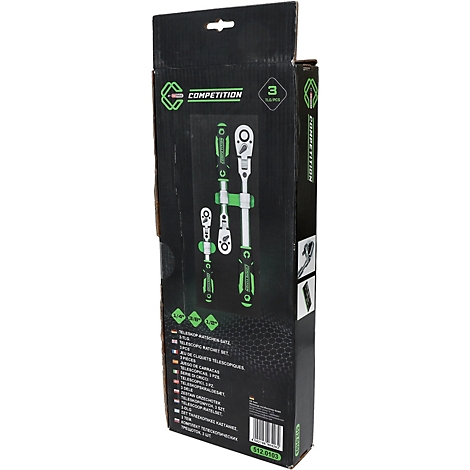 Emballage noir pour un ensemble de 3 cliquets télescopiques avec des accents verts.