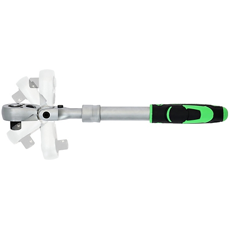 Une clé à cliquet télescopique avec poignée verte et noire sur fond blanc. L'inclinaison de la tête est indiquée par des contours.