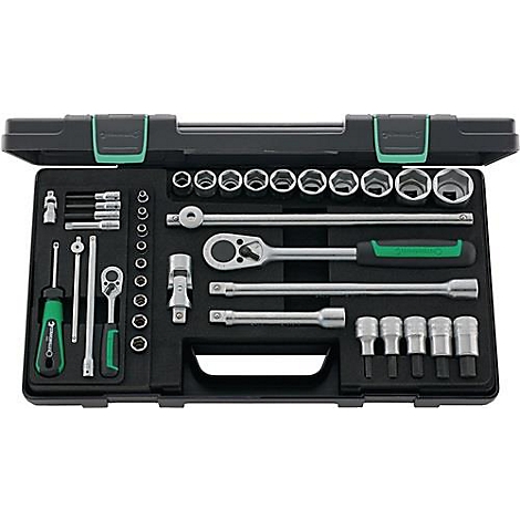 Boîte à outils noire avec une variété d'outils, notamment des douilles, des tournevis et des rallonges.