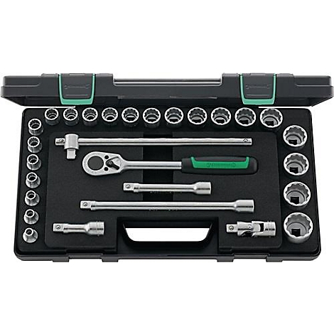Boîte à outils avec différentes clés et accessoires. Disposés sur un fond noir, accents verts.