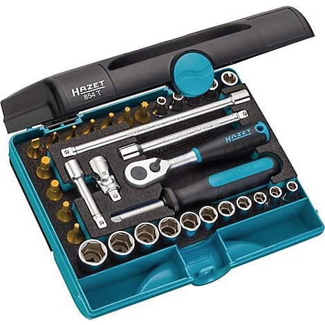 Boîte à outils avec cliquet et clés. Inscription : HAZET 854 T.