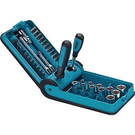 Mallette à outils turquoise avec clés, embouts et cliquets. L'étui est ouvert.