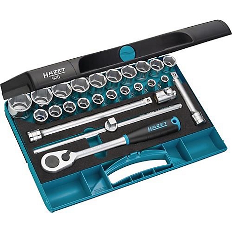 Boîte à outils avec jeu de douilles de Hazet. La boîte est bleue et noire. Le contenu se compose d'une variété de douilles et d'accessoires.