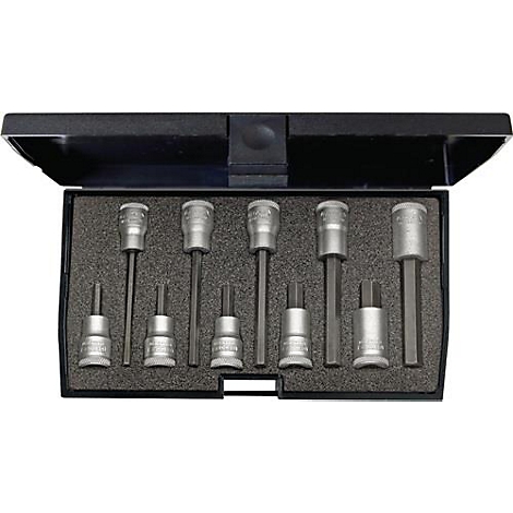 Boîte à outils avec différents embouts de douille hexagonale dans une boîte noire sur de la mousse noire.