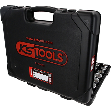 Mallette à outils KS TOOLS noire en plastique avec logo rouge et contenu visible sur le côté droit.