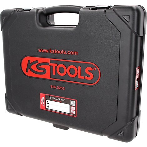 Mallette à outils en plastique noir KS TOOLS avec logo et inscription rouges sur fond clair.