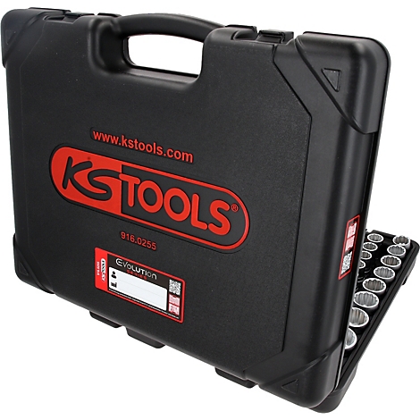 Mallette à outils KS Tools en plastique noir avec logo rouge et douilles visibles dans la section ouverte.
