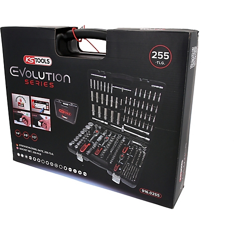 Coffret noir du jeu de douilles 255 pièces KS Tools Evolution Series, vue de face.