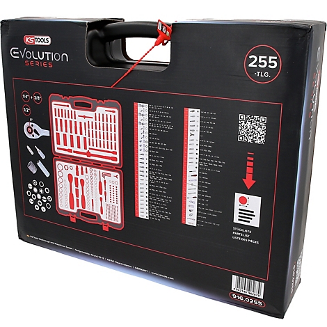 Mallette à outils noire de 255 pièces de KS Tools avec logo rouge et liste détaillée du contenu sur le devant.