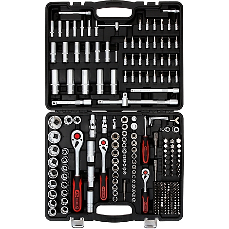 Une boîte à outils noire ouverte contenant un assortiment complet de douilles, d'embouts et de cliquets.