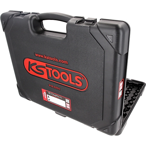 Mallette à outils robuste en plastique noir avec logo KS TOOLS rouge et poignée de transport.