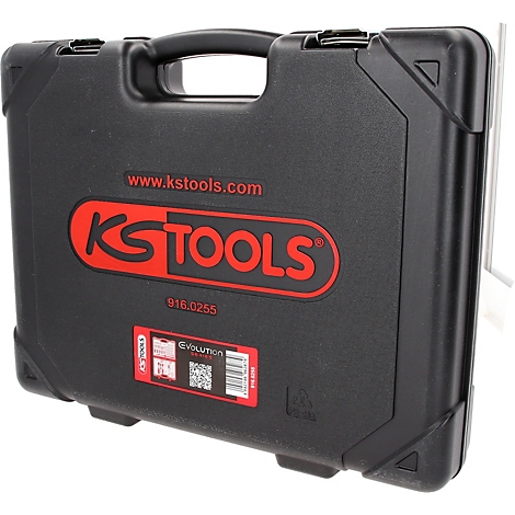 Mallette à outils noire en plastique KS TOOLS avec logo rouge et autocollant sur fond clair.