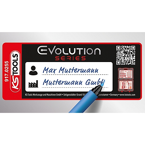 Étiquette KS Tools Evolution Series avec espace pour le nom et l'entreprise, écrite avec un stylo bleu.