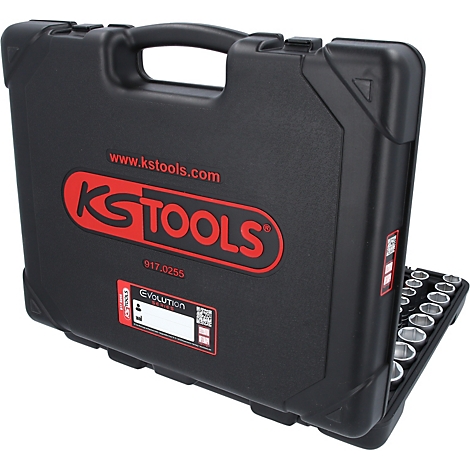 Mallette à outils noire KS Tools avec logo rouge et étiquette, partiellement ouverte.