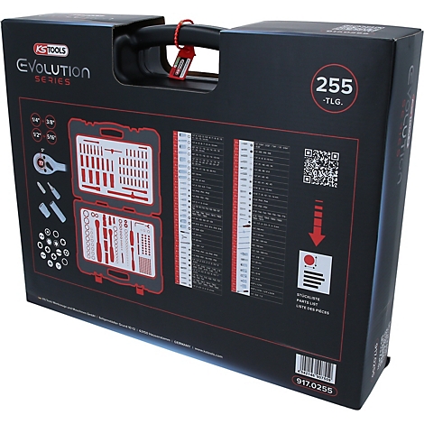 Mallette à outils noire de la série KS Tools Evolution avec 255 pièces, incluant une liste d'inventaire et un QR code.