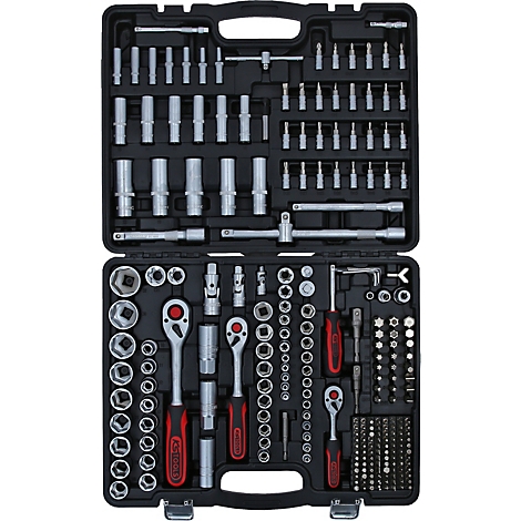 Grande mallette à outils noire contenant un jeu complet de clés à douille et d'embouts de vissage.