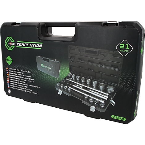 Coffret à outils noir avec un jeu de 21 douilles de 3/4 pouce sur fond vert.