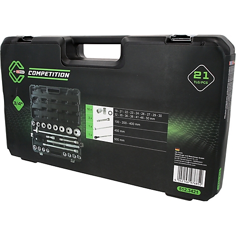 Mallette à outils noire de 21 pièces KS Tools avec marquage vert et aperçu du contenu.