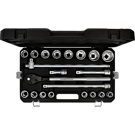 Une mallette à outils noire avec couvercle ouvert, contenant divers jeux de douilles et accessoires.