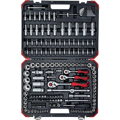 Boîte à outils remplie de divers outils. Ceux-ci comprennent des clés, des douilles et des embouts de différentes tailles.