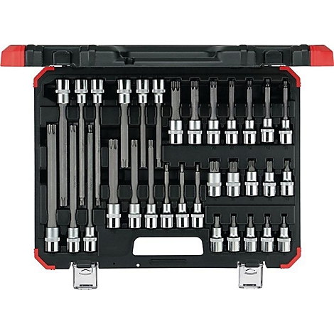 Une boîte à outils, remplie de divers outils à vis, est ouverte sur une surface.