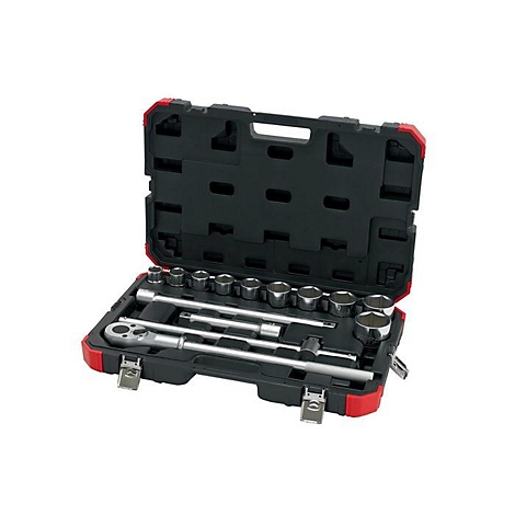 Boîte à outils au design rouge et noir. À l'intérieur de la boîte ouverte se trouvent diverses fixations de clés.