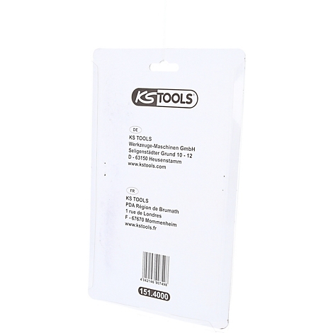 Dos d'un emballage blister transparent de KS Tools avec adresse de l'entreprise et code-barres.