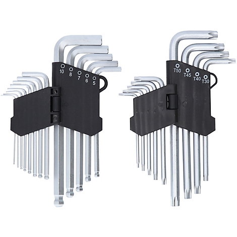 Deux jeux de clés Allen et Torx dans des supports en plastique noir sur fond blanc.