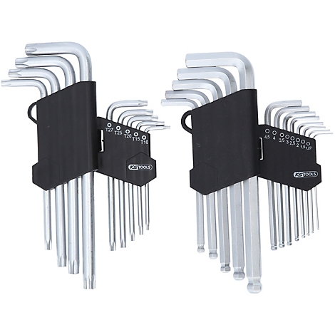 Deux jeux de clés coudées KS Tools dans des supports en plastique noir sur fond blanc.