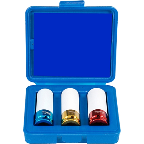 Boîte à outils bleue avec trois écrous de roue de différentes couleurs.