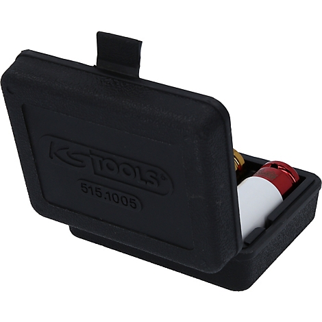 Coffret à outils noir ouvert, avec outils, logo "KS TOOLS" et "515.1005".