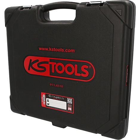 Mallette à outils en plastique noir avec logo KS Tools rouge et impression de site web.