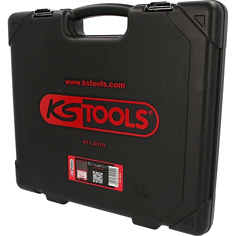 Mallette à outils noire KS Tools avec logo rouge et étiquette produit sur fond blanc.