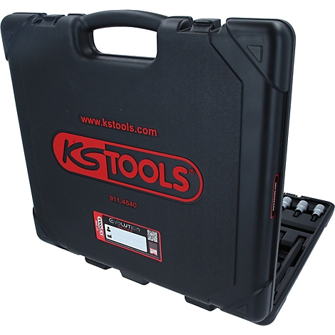 Mallette à outils noire KS Tools avec logo et lettrage rouges, partiellement ouverte.