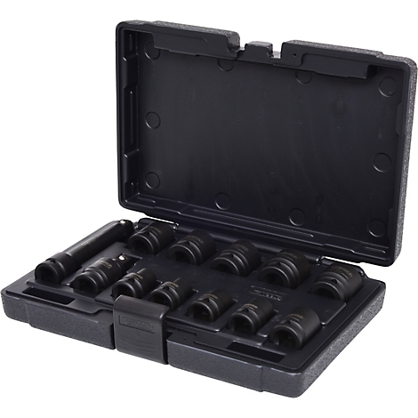 Mallette à outils noire avec jeu de douilles. Ouverte, contenu bien rangé et visible.