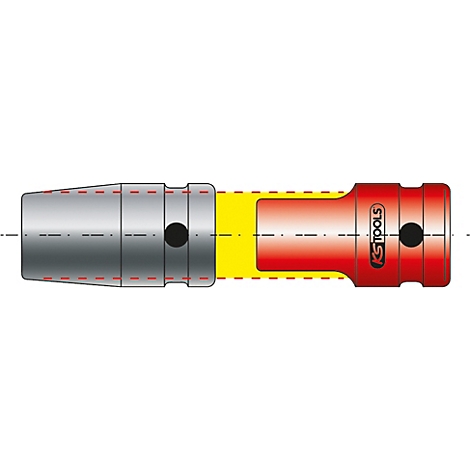 Deux accessoires d'outils, un argenté, un rouge. Les deux avec un trou noir et une ligne concentrique.
