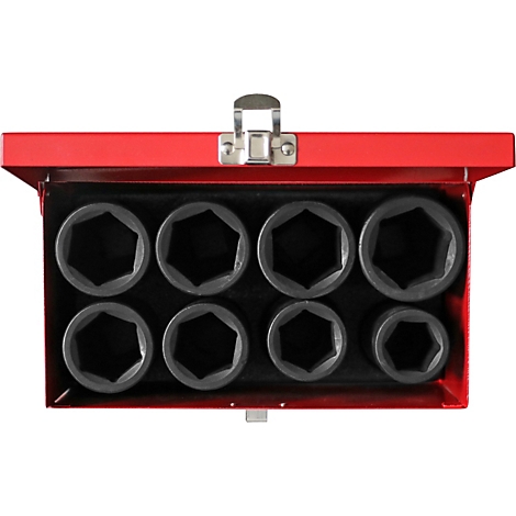 Boîte à outils rouge avec huit douilles hexagonales noires.