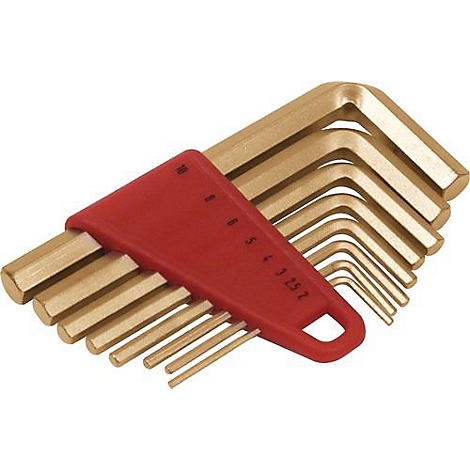 Un ensemble de clés Allen dorées avec un support rouge, numérotées de 2 à 10.