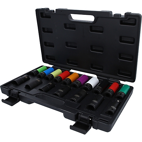 Boîte à outils noire avec des douilles colorées. Le couvercle est ouvert.