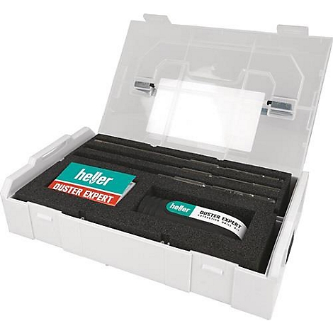 Boîte à outils blanche avec des outils. Ouvert, avec des autocollants verts et rouges et du texte. Heller Duster Expert.