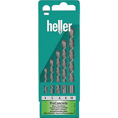 Un ensemble de mèches à béton et maçonnerie ProConcrete. Cinq forets de différents diamètres, disposés dans un emballage vert, logo : Heller.