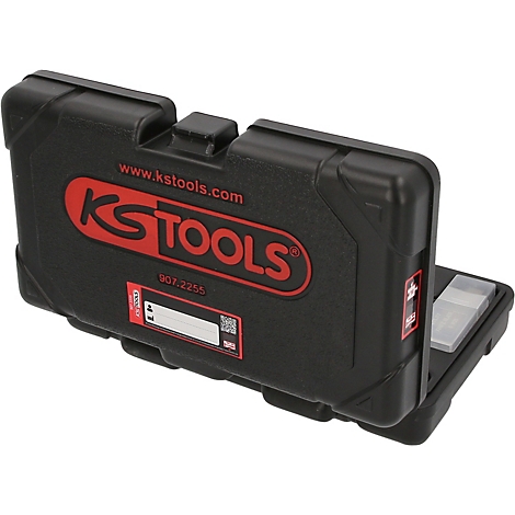 Mallette à outils KS Tools en plastique noir avec logo rouge sur fond blanc.