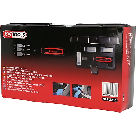Set de grattoirs KS Tools dans un coffret noir avec marquage rouge.
