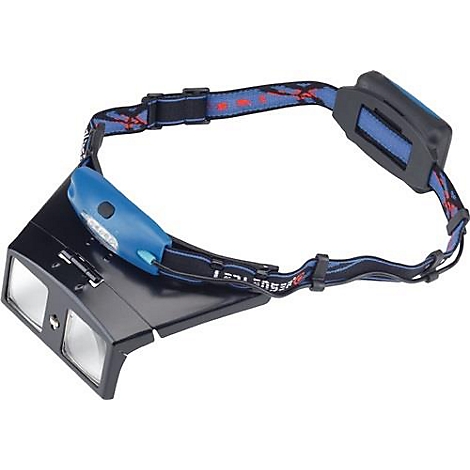 Gros plan d'une loupe frontale. Elle se compose d'un support noir avec deux lentilles, d'un spot bleu et d'un bandeau réglable.