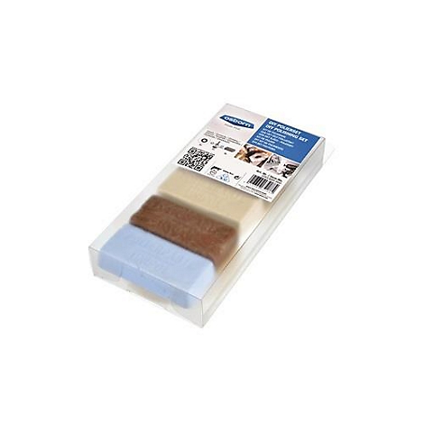 Kit de polissage dans un emballage plastique. Trois blocs de couleur, beige, marron et bleu clair, ainsi qu'une étiquette du produit.
