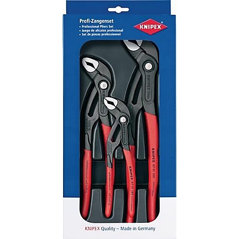 Un ensemble de pinces professionnelles dans une boîte en plastique noir, contenu dans une boîte en carton imprimée bleue et blanche. Les informations sur le produit et le nom de la marque Knipex sont imprimés sur l'emballage.