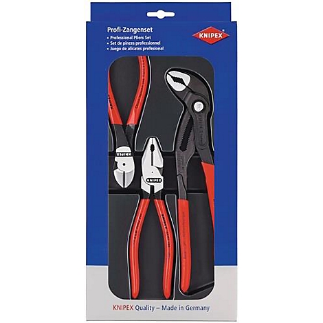 Jeu de pinces dans un support rouge et noir. Inscription : Profi-Zangenset, logo Knipex.
