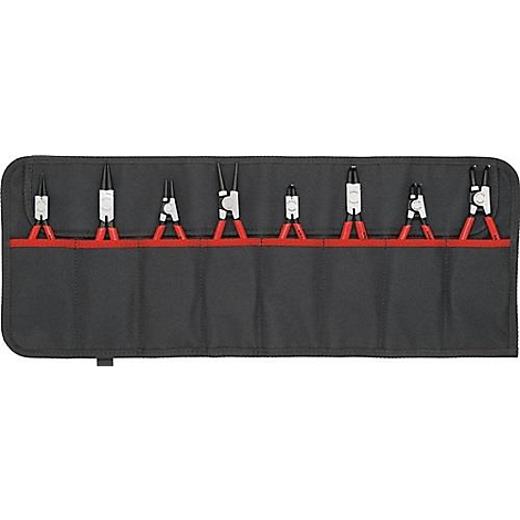 Trousse à outils avec diverses pinces. Sac noir, accents rouges, têtes de pinces argentées, poignées rouges.