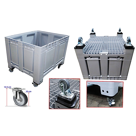 Bac en plastique gris sur roulettes, plusieurs vues de détail du bac et des roulettes. Dimensions des roulettes : 12,5 cm de haut, 10 cm de large.