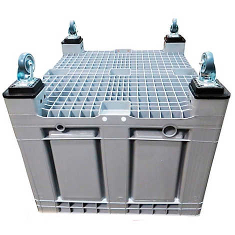 Bac en plastique gris avec roulettes, structure en grille sur le dessus, pour le transport et le stockage. Roulettes d'angle.